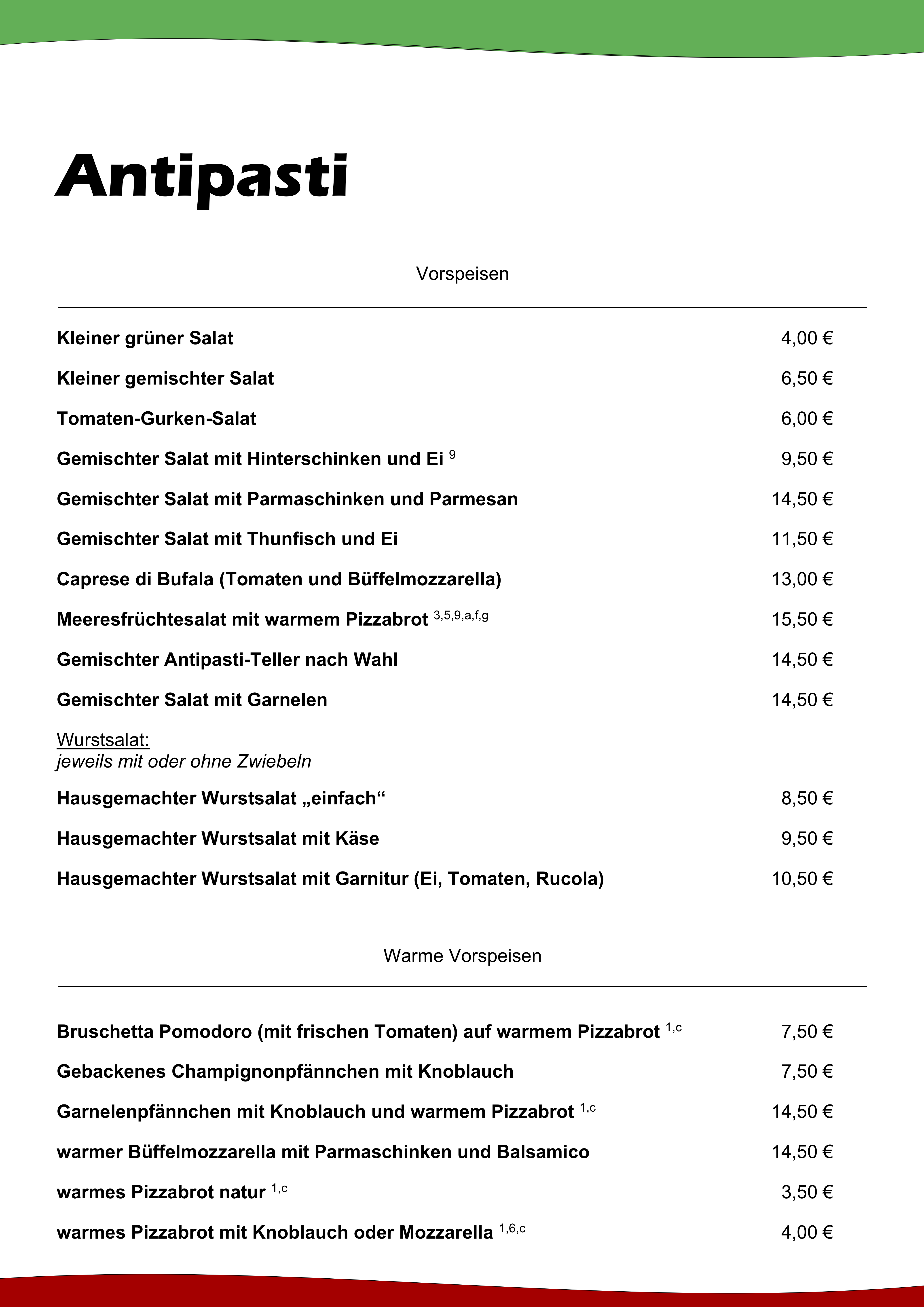 Unsere Speisekarte Wie In Italien Mit Pizza Pasta Antipaste Und Mehr